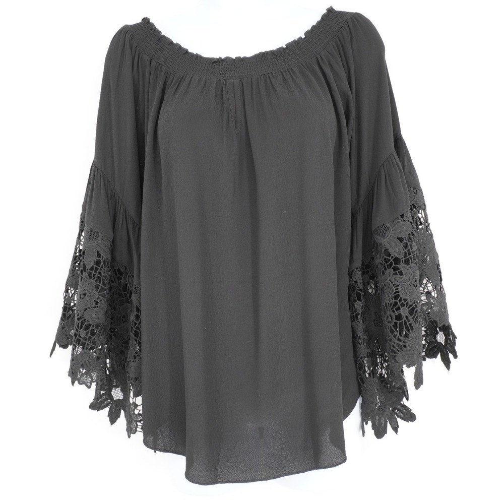 Muche Muchette Boho Whimsigoth Off Shoulder Lace Bell Sleeve Top Womens OS Black - Picture 3 of 13